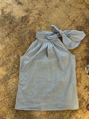 Sara Campbell Blue and White Gingham Tie-Neck Tank